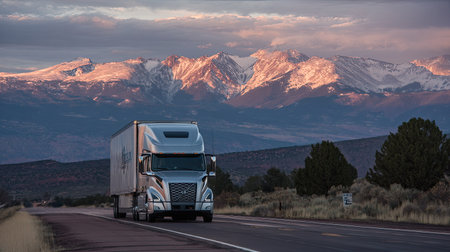 A truck drives along an open road with majestic mountains bathed in the warm glow of sunrise. The serene landscape captures the spirit of adventure and exploration.の素材