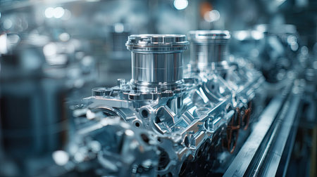 High-quality image of a precision-engineered engine component inside a modern automotive manufacturing facility. The image showcases intricate details and advanced technology.の素材