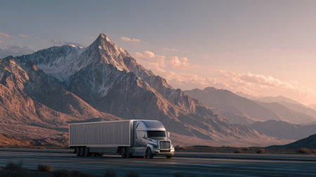 A sleek truck navigating an open highway surrounded by stunning mountain landscapes at sunset. Perfect for themes of travel, transportation, and logistics.の素材