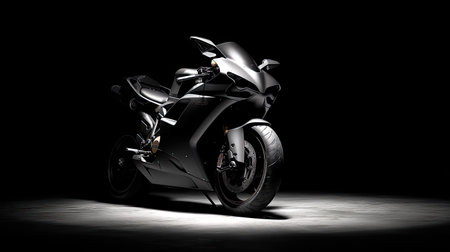 A stunning black motorcycle showcased in dramatic lighting against a dark background. Perfect for themes of speed, power, and innovation in transport.の素材