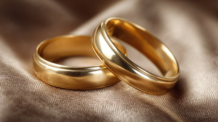 Two elegant gold wedding rings placed on a soft satin fabric, symbolizing love and commitment. Perfect for themes of marriage, romance, and celebration.の素材