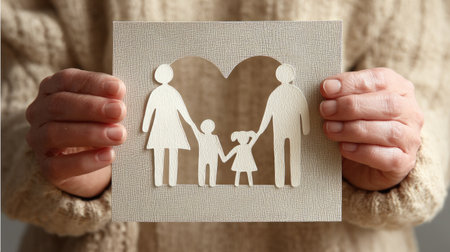 A beautiful paper cut-out artwork depicting a family holding hands within a heart shape. This cozy and heartfelt piece symbolizes love and togetherness.の素材