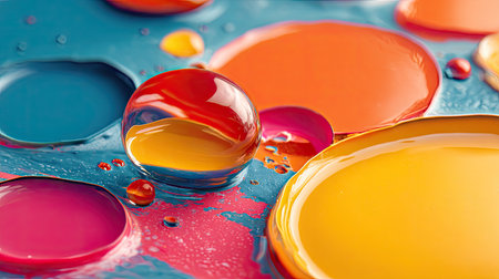 A vibrant array of colorful droplets and glossy surfaces creates a visually striking abstract composition perfect for artistic projects and designs.の素材