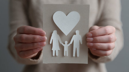 A beautiful paper art representation of a family holding hands, framed by a heart symbol. Ideal for expressing love and togetherness in home decor.の素材