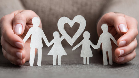 This image illustrates the essence of family through paper cutouts held by hands, symbolizing love, unity, and togetherness, perfect for family-themed visuals.の素材