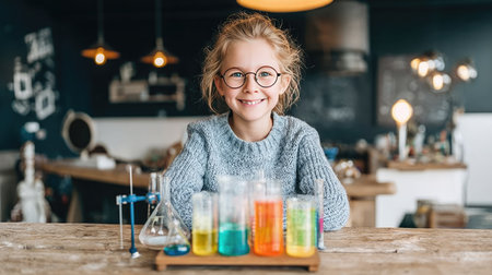 A bright and cheerful young girl in a cozy laboratory smiles while surrounded by colorful science experiments. This image captures the joy of learning and creativity in a scientific environment.の素材