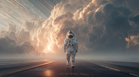 An astronaut strides confidently towards a backdrop of dramatic clouds, blending elements of space exploration with a surreal landscape, evoking a sense of adventure and wonder.の素材