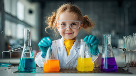 A young girl conducts a colorful science experiment in a modern laboratory, showcasing her curiosity and joy in learning through vibrant liquids and safety gear.の素材