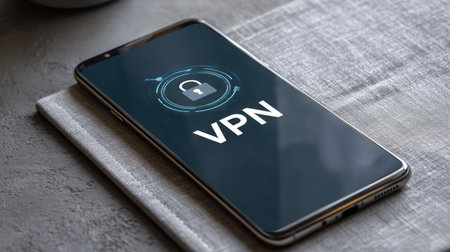 A modern smartphone displaying a VPN application on a sleek surface, emphasizing digital security and online privacy for safe internet browsing.の素材