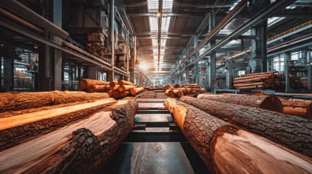 View of logs and timber in an industrial warehouse, showcasing modern machinery and processing equipment. The scene highlights wood as a vital raw material.の素材