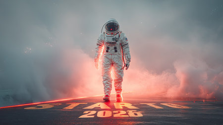 An astronaut walks on a glowing path marked 2026 amidst a foggy landscape, symbolizing a journey into the unknown and the spirit of exploration in space.の素材