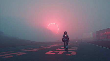 A lone astronaut strides on a road with neon illumination under a glowing sunset. The ethereal fog enhances the futuristic atmosphere, symbolizing exploration and adventure.の素材