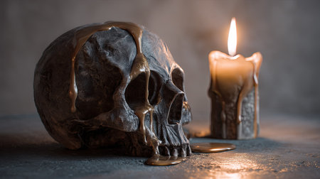 A captivating still life featuring a human skull with wax dripping down, positioned next to a flickering candle. The dark backdrop enhances the eerie atmosphere, creating a moody and artistic scene.の素材