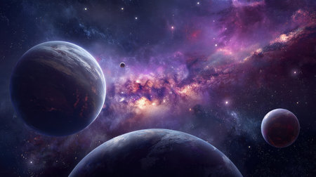 Explore a breathtaking cosmic landscape featuring vibrant nebulae and multiple celestial bodies. This artwork captures the vastness and mystery of the universe.の素材