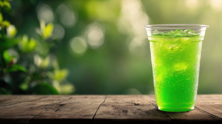 A clear cup filled with a vibrant green drink and ice sits on a rustic wooden table amidst a soft green background, symbolizing refreshment and outdoor enjoyment.の素材