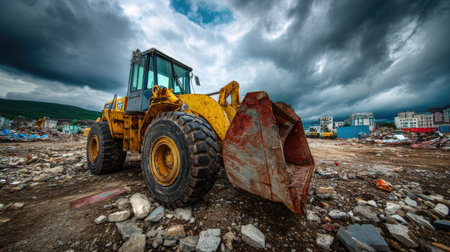 A powerful yellow loader machine stands at a construction site with a dramatic cloudy sky. This scene captures the essence of industrial work in an urban environment.の素材