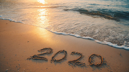 Serene sunset view on a beach with the year 2020 written in the sand. Gentle ocean waves lap at the shore, creating a peaceful atmosphere for reflection.の素材