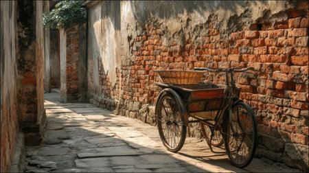 A vintage bicycle cart rests against a rustic brick wall in a peaceful alleyway, showcasing a glimpse of charming rural life filled with history and tranquility.の素材