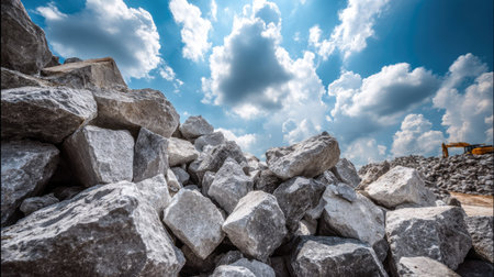 A close-up view of a pile of gray rocks with a vibrant blue sky and fluffy white clouds above. Ideal for construction and nature themes.の素材