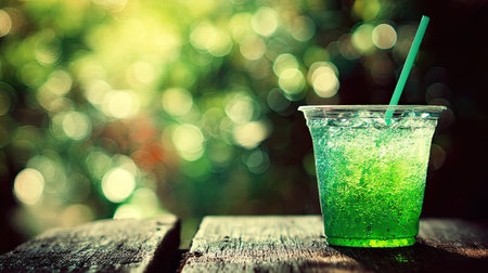 A vibrant green drink in a clear cup with a straw, set against a blurred natural background. Ideal for refreshing summer vibes and leisure moments.の素材
