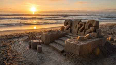 A stunning sand sculpture of the year 2022 sits majestically on the beach at sunset. Waves gently lap the shore, creating a peaceful atmosphere perfect for relaxation.の素材