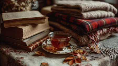 A serene still life featuring a cup of tea, stacked books, and warm textiles, ideal for conveying a cozy autumn atmosphere perfect for relaxation.の素材