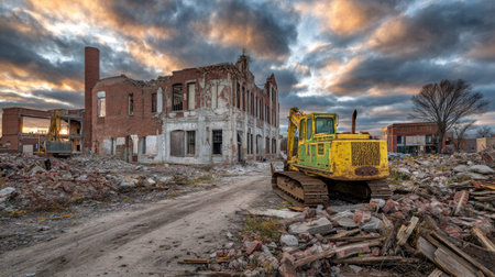 A striking image depicting an abandoned building amid a demolition site, featuring heavy machinery amid rubble and a dramatic sunset sky.の素材