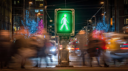 The image depicts a vibrant nighttime city scene featuring a green pedestrian signal with people walking past in motion blur, capturing the lively urban atmosphere.の素材