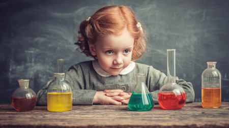 A thoughtful child engages with colorful glassware in a science experiment. The image captures curiosity and innocence in a creative classroom setting.の素材