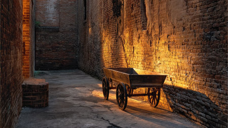 A rustic wooden cart sits quietly in a dimly lit historic alleyway, surrounded by weathered brick walls. The warm glow of light creates an inviting atmosphere.の素材