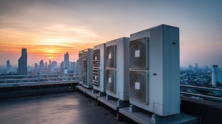 A stunning view of air conditioning units on a rooftop at sunset, showcasing the contrast between technology and urban beauty in a bustling city skyline.の素材