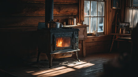 A rustic cabin interior featuring a cozy wood stove emitting warm flames. The scene captures a tranquil, inviting atmosphere perfect for winter relaxation and comfort.の素材