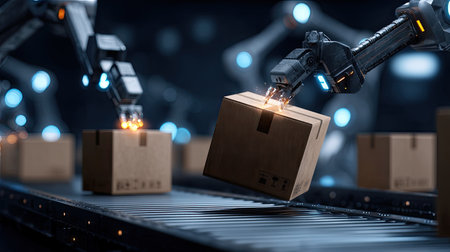Explore the future of logistics with robotics managing box handling in an automated warehouse setting. This image captures advanced technology and efficiency.の素材