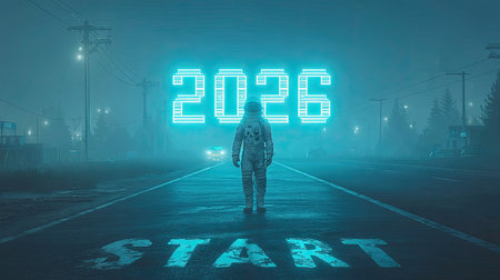 An astronaut stands alone on a desolate road, gazing at a neon "2026" sign glowing through the fog. The scene captures a blend of mystery and anticipation for the future.の素材