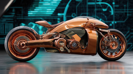 Stunning futuristic motorcycle with a sleek copper finish showcases modern design and cutting-edge technology, perfect for automotive enthusiasts and art lovers.の素材