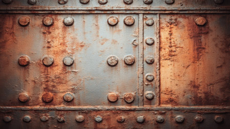 Close-up view of an aged metal panel displaying rust and prominent rivets, showcasing texture and character ideal for industrial-themed design projects.の素材