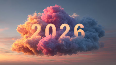 A vibrant cloud formation displays the year 2026, surrounded by a blend of soft colors in a serene sky, evoking feelings of hope and inspiration for the future.の素材