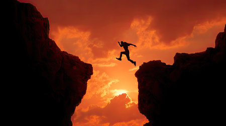 A silhouette of a person leaps between two rocky cliffs under a vibrant sunset sky, symbolizing adventure and personal growth in nature's breathtaking landscape.の素材