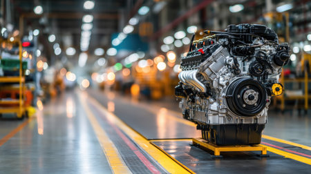 A detailed view of an engine on an assembly line in a modern factory, showcasing the precision and technology involved in automotive manufacturing.の素材