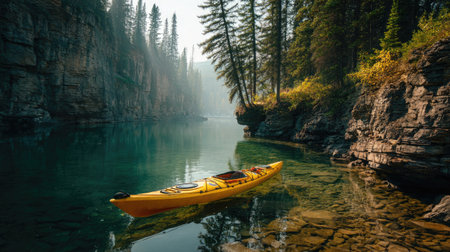 Explore a serene kayaking adventure in a peaceful mountain lake, surrounded by towering trees and rocky cliffs, offering a perfect escape into nature's beauty.の素材