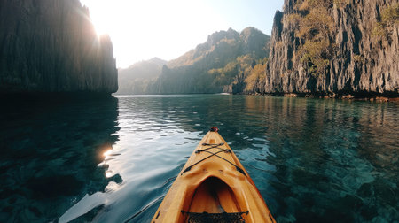 Enjoy a peaceful kayaking experience amidst stunning rocky cliffs and crystal-clear waters, perfect for nature enthusiasts and adventure seekers.の素材