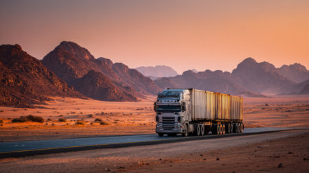 A heavy truck navigates a desolate desert landscape during a stunning sunset, with warm hues illuminating the mountains and road. Perfect for transportation themes.の素材