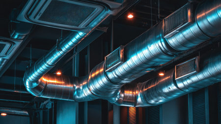An artistic view of metal ductwork in a modern industrial interior highlighting smooth lines and ambient lighting, showcasing contemporary architectural design.の素材