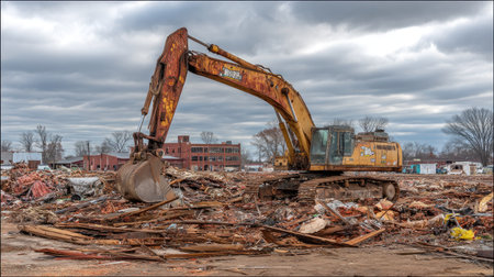 A heavy excavator works diligently on an urban demolition site, clearing debris and preparing the ground for future construction. The cloudy sky adds a dramatic touch to this industrial scene.の素材