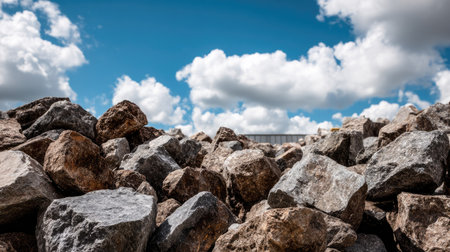 Close-up of rocks piled together under a bright blue sky with fluffy clouds. The image showcases rugged textures and natural formations, perfect for landscape themes.の素材