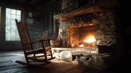 This image captures the serene ambiance of a cozy cabin interior featuring a stone fireplace and a wooden rocking chair, perfect for relaxation and warmth.の素材
