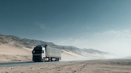 A long haul truck travels along a deserted road, showcasing the vastness of nature and the journey of transportation across the striking landscape.の素材