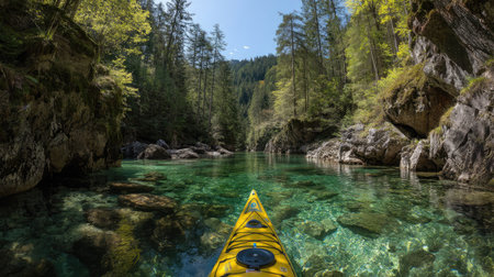Experience the tranquility of kayaking on a crystal-clear mountain river. Lush greenery frames the serene waters, inviting adventure and exploration.の素材