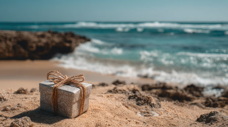 A beautifully wrapped gift box sits on soft sand, with gentle ocean waves lapping at the shore. This serene beach scene captures the essence of a perfect summer getaway.の素材