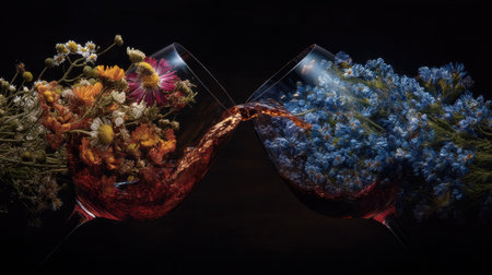Two elegant wine glasses filled with colorful flowers pour vibrant liquid, creating a striking contrast. This artistic composition symbolizes celebration and beauty, evoking joy.の素材